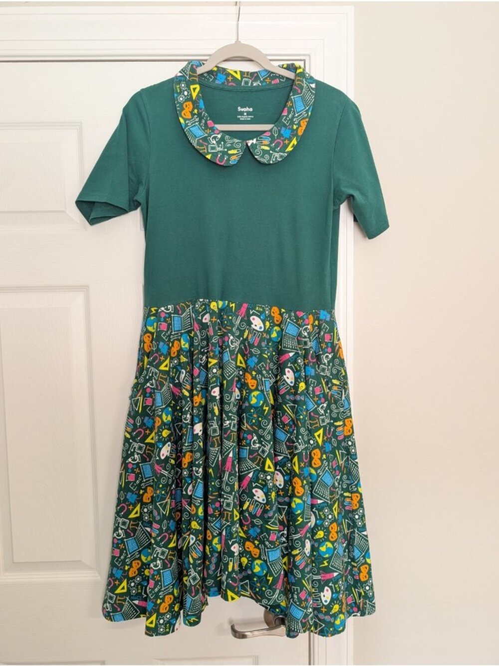 Svaha Apparel Twirl STEAM School Dress Peter Pan Collar Organic USA Sz M Green